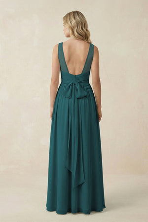 V - Neck A - Line Bridesmaid Dress with Back Bow in Pine - KISS BRIDAL Bridesmaid Dresses