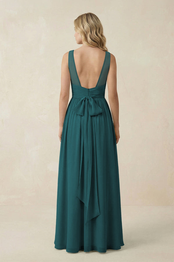 V - Neck A - Line Bridesmaid Dress with Back Bow in Pine - KISS BRIDAL Bridesmaid Dresses