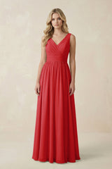 V - Neck A - Line Bridesmaid Dress with Back Bow in Ruby Red - KISS BRIDAL Bridesmaid Dresses