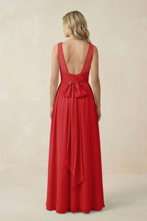 V - Neck A - Line Bridesmaid Dress with Back Bow in Ruby Red - KISS BRIDAL Bridesmaid Dresses