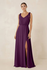 V - Neck A - Line Chiffon Bridesmaid Dress in Fig - KISS BRIDAL Bridesmaid Dresses