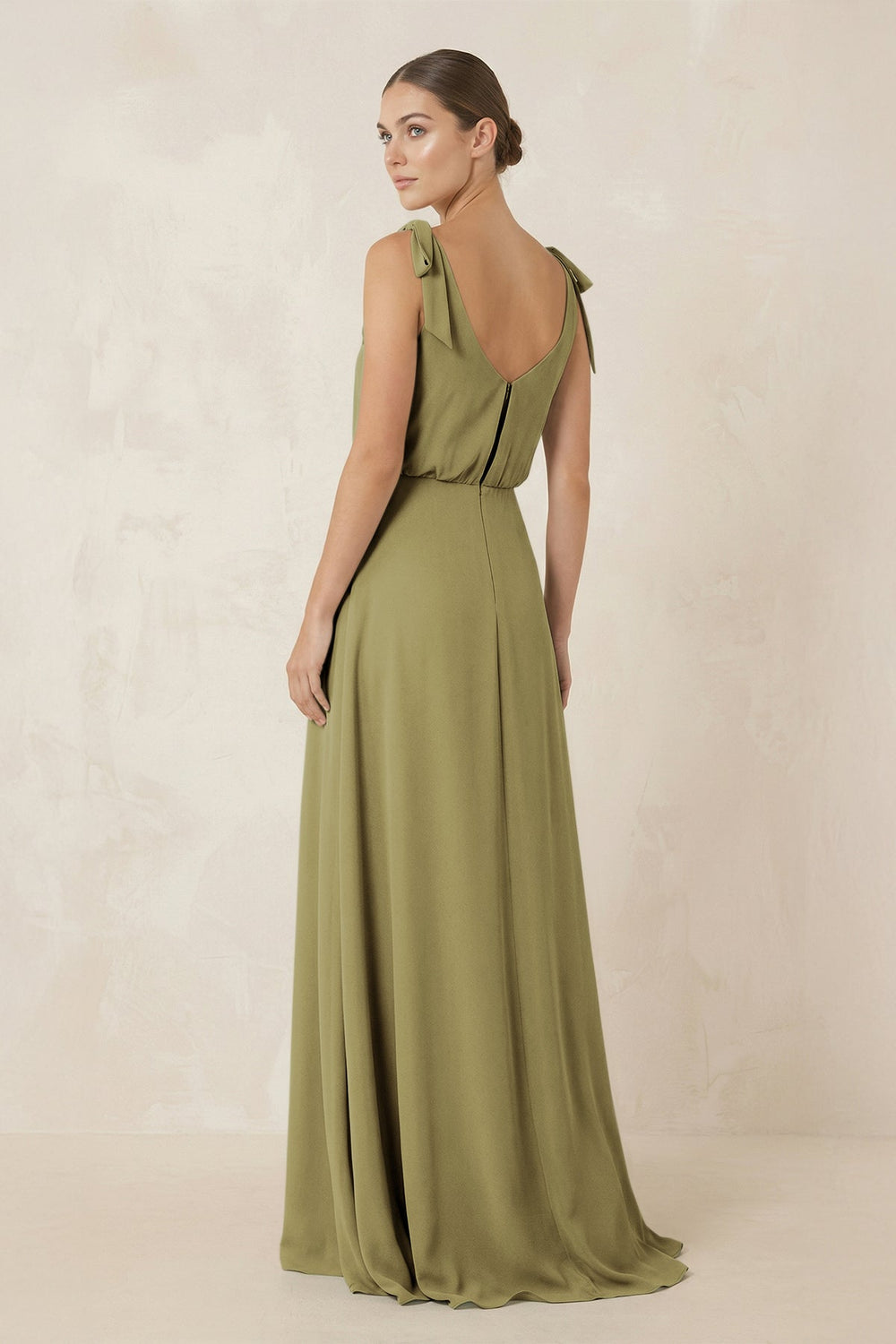 V-Neck A-Line Chiffon Bridesmaid Dress in Moss Green