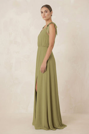 V-Neck A-Line Chiffon Bridesmaid Dress in Moss Green (3) | KISSBRIDAL