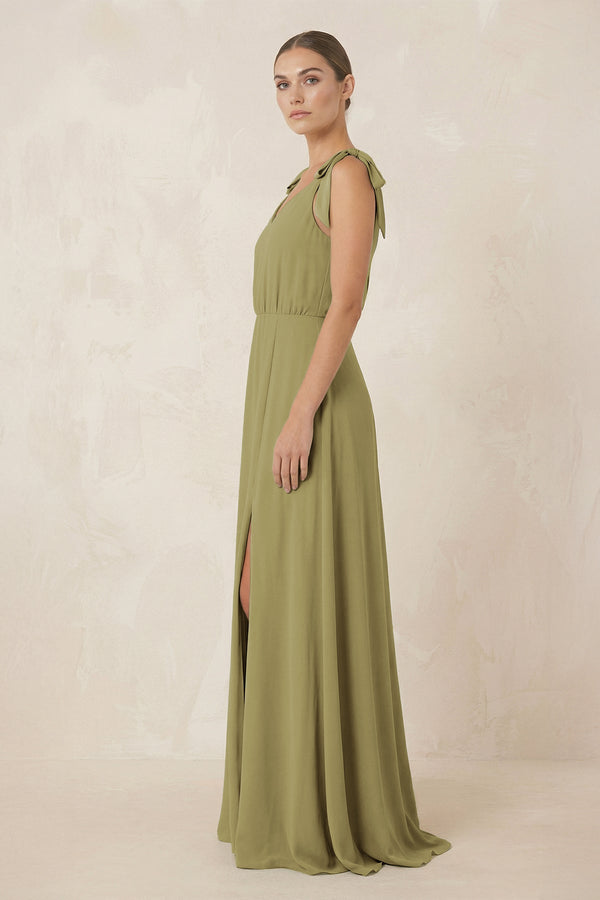 V-Neck A-Line Chiffon Bridesmaid Dress in Moss Green (3) | KISSBRIDAL
