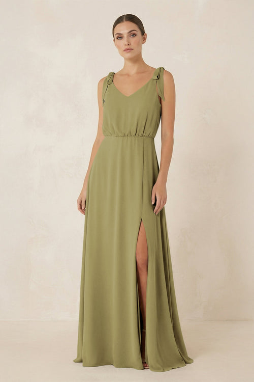 V-Neck A-Line Chiffon Bridesmaid Dress in Moss Green | KISSBRIDAL