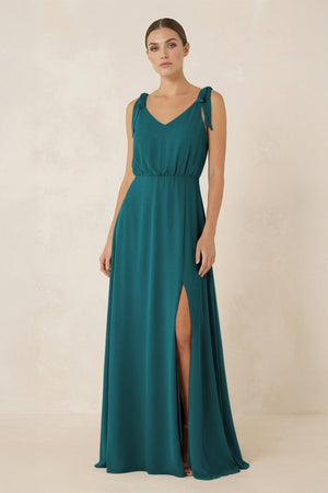V - Neck A - Line Chiffon Bridesmaid Dress in Pine - KISS BRIDAL Bridesmaid Dresses