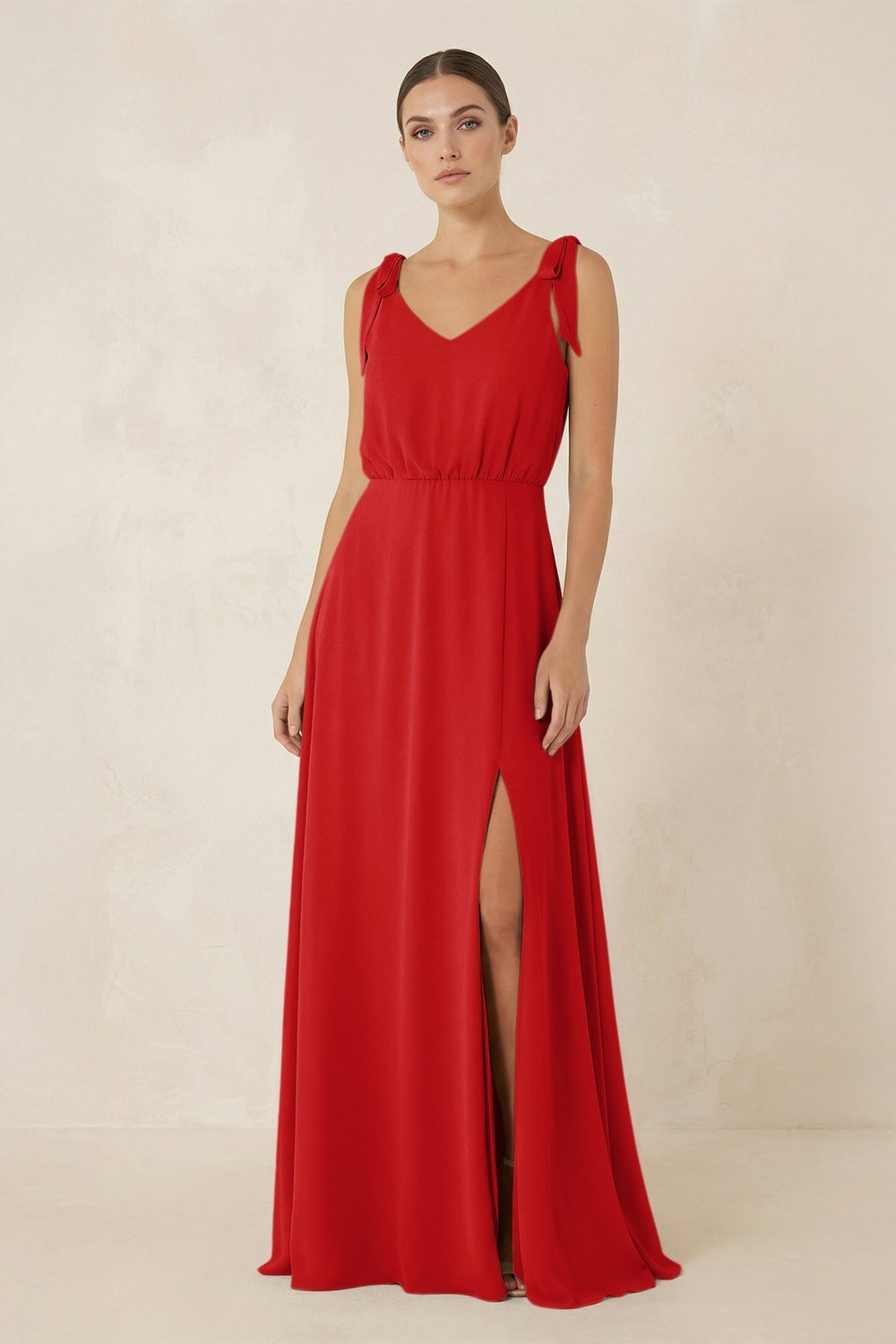 V-Neck A-Line Chiffon Bridesmaid Dress in Ruby Red