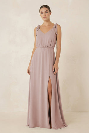 V-Neck A-Line Chiffon Bridesmaid Dress in Toffee | KISSBRIDAL