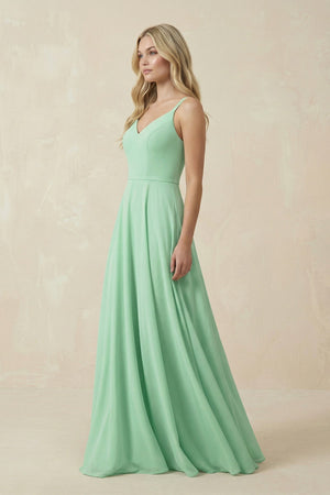 V-Neck A-Line Chiffon Bridesmaid Dress with Crisscross Back in Pale Pistachio - KISS BRIDAL BRIDESMAID DRESSES