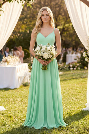 V-Neck A-Line Chiffon Bridesmaid Dress with Crisscross Back in Pale Pistachio - KISS BRIDAL BRIDESMAID DRESSES