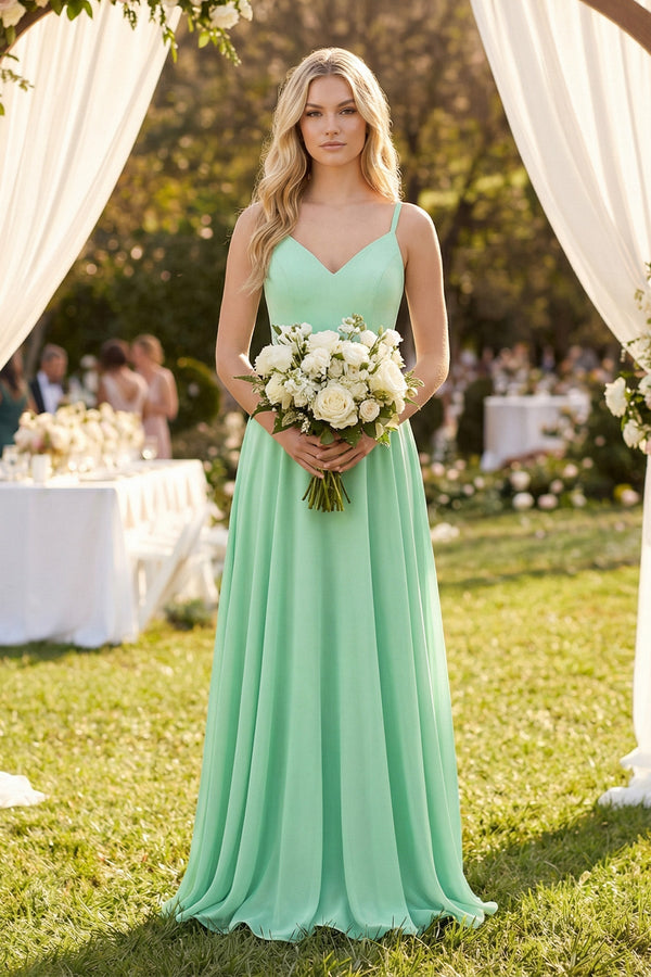 V-Neck A-Line Chiffon Bridesmaid Dress with Crisscross Back in Pale Pistachio - KISS BRIDAL BRIDESMAID DRESSES