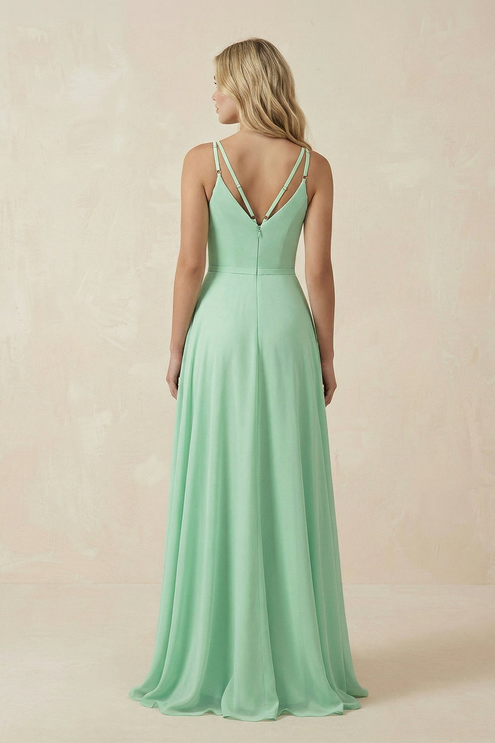 V-Neck A-Line Chiffon Bridesmaid Dress with Crisscross Back in Pale Pistachio