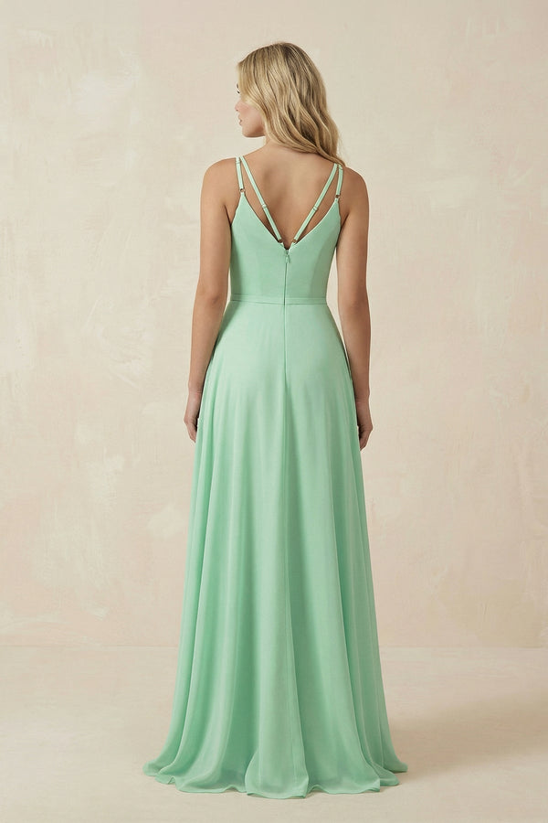 V-Neck A-Line Chiffon Bridesmaid Dress with Crisscross Back in Pale Pistachio - KISS BRIDAL BRIDESMAID DRESSES