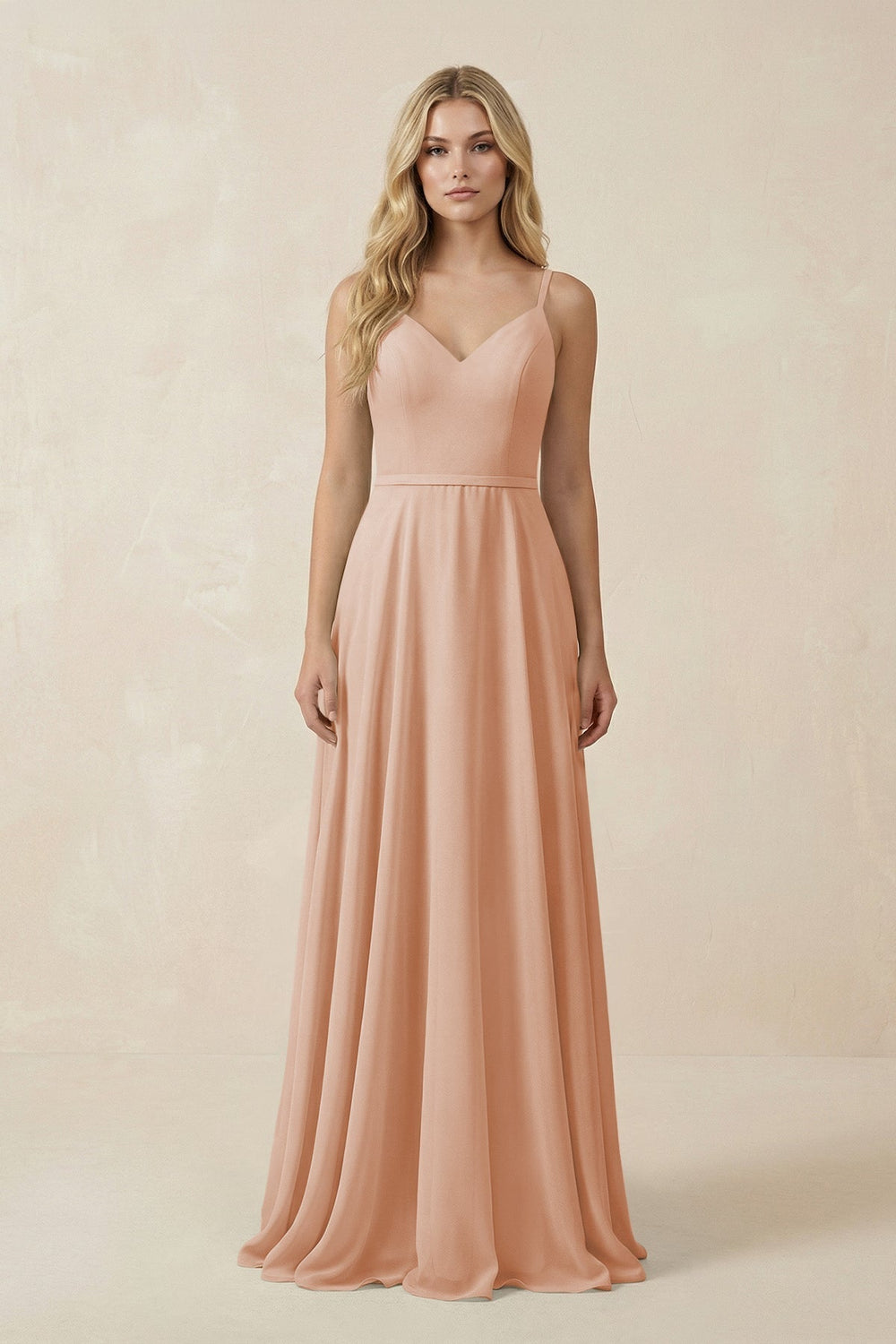 V-Neck A-Line Chiffon Bridesmaid Dress with Crisscross Back in Champagne Rose