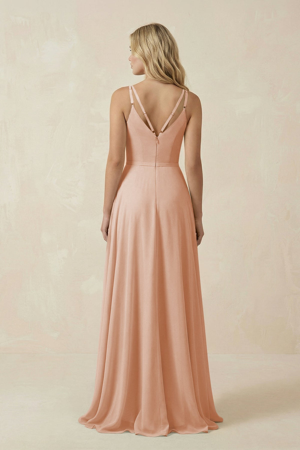 V-Neck A-Line Chiffon Bridesmaid Dress with Crisscross Back in Champagne Rose