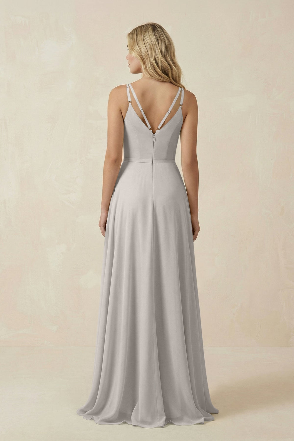 V-Neck A-Line Chiffon Bridesmaid Dress with Crisscross Back in Silver