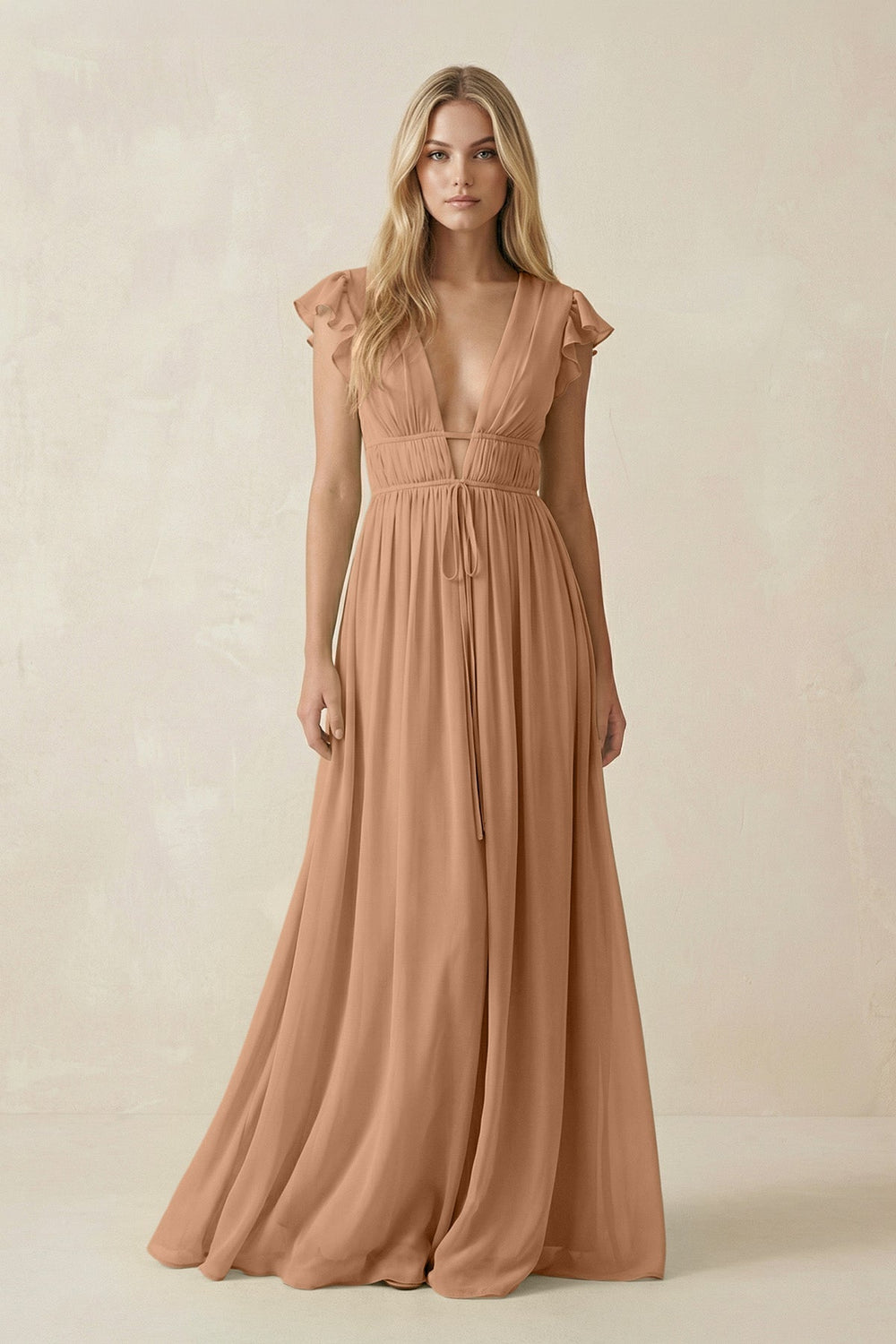 V-Neck A-Line Chiffon Cap Sleeves Bridesmaid Dress in Bronzer