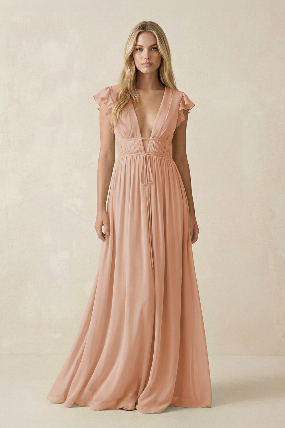 V-Neck A-Line Chiffon Cap Sleeves Bridesmaid Dress in Champagne Rose