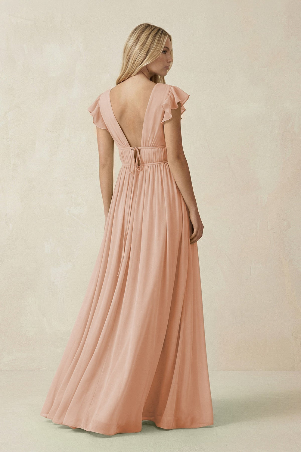 V-Neck A-Line Chiffon Cap Sleeves Bridesmaid Dress in Champagne Rose
