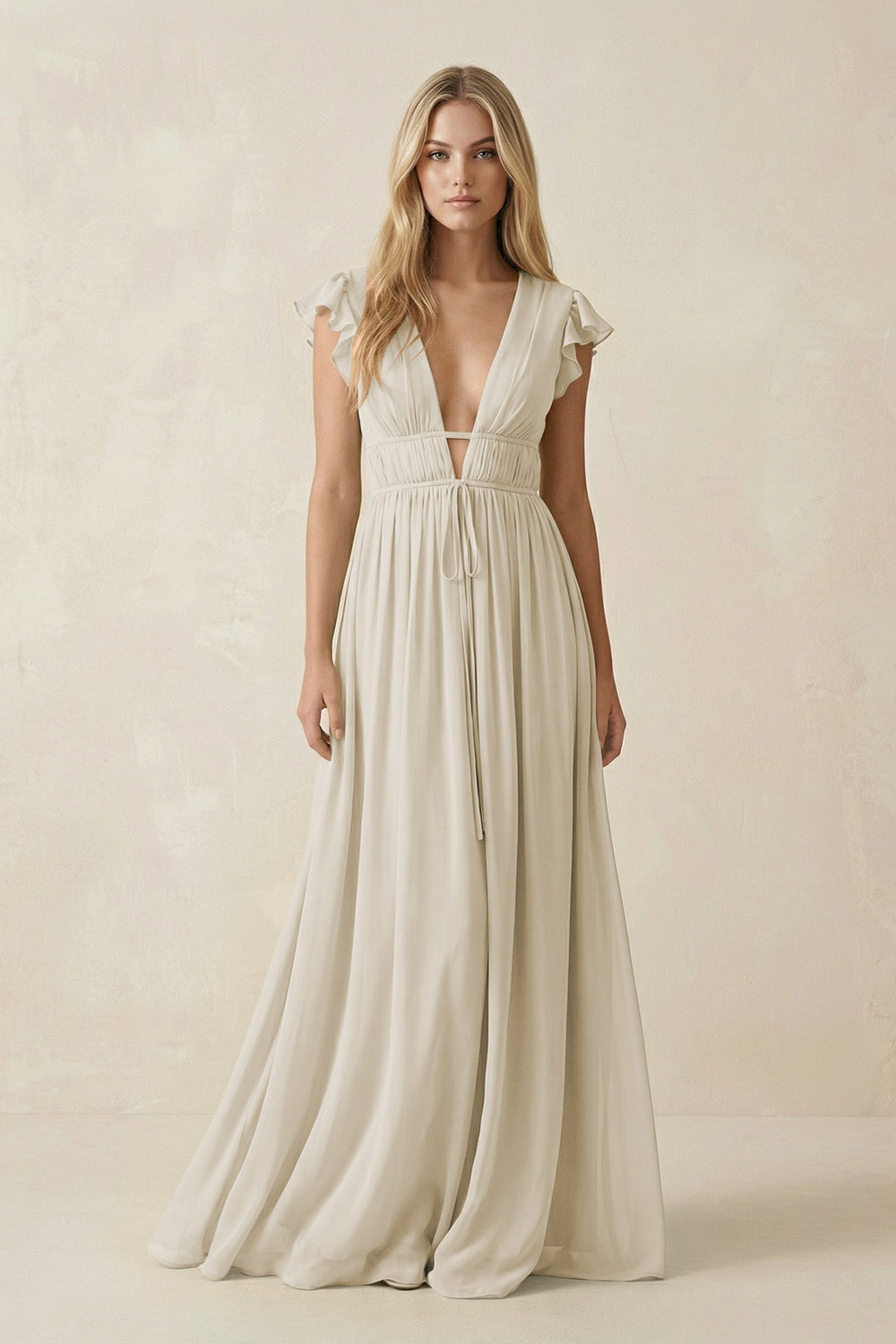 V-Neck A-Line Chiffon Cap Sleeves Bridesmaid Dress in Dove Gray