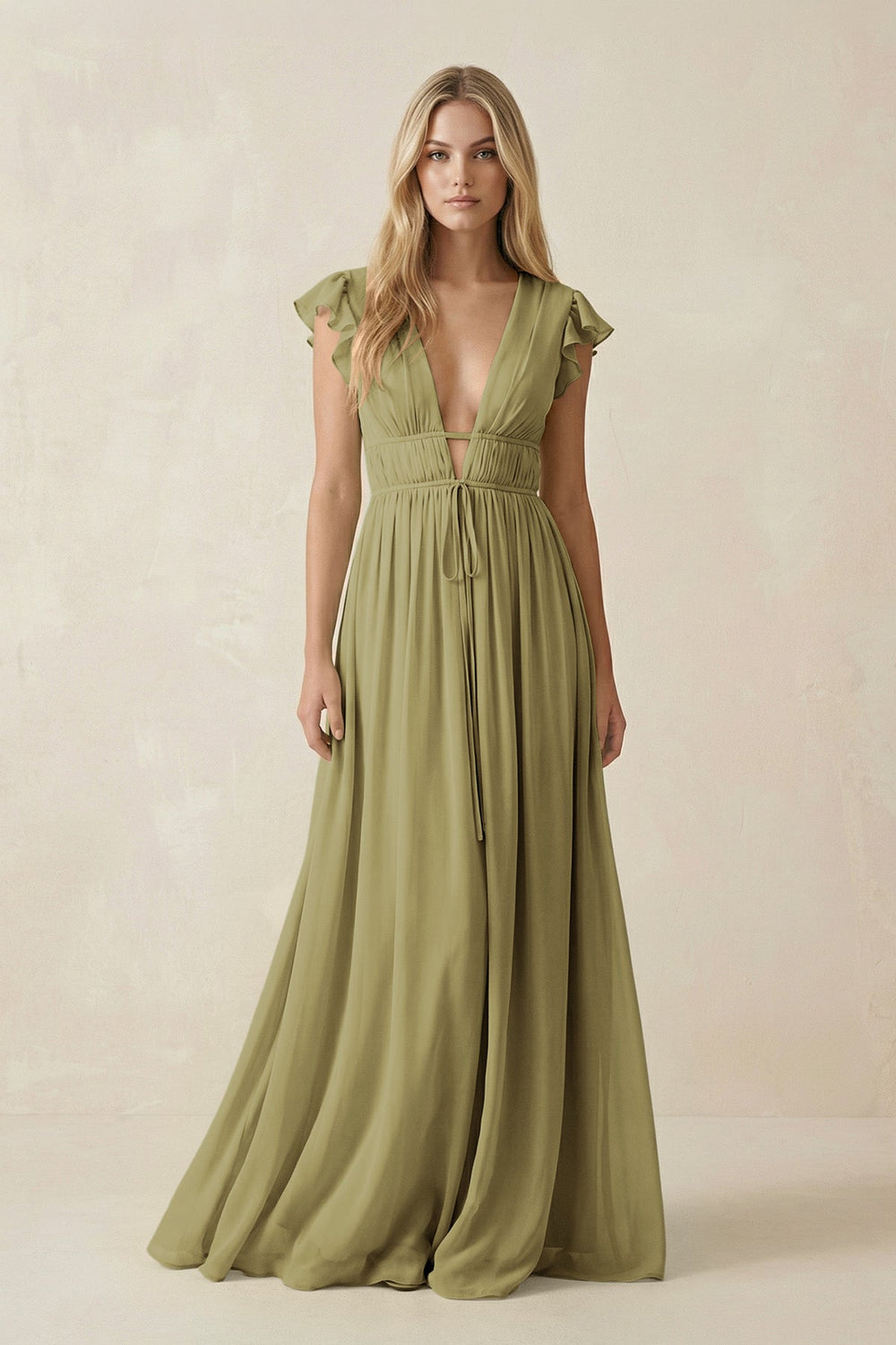 V-Neck A-Line Chiffon Cap Sleeves Bridesmaid Dress in Moss Green