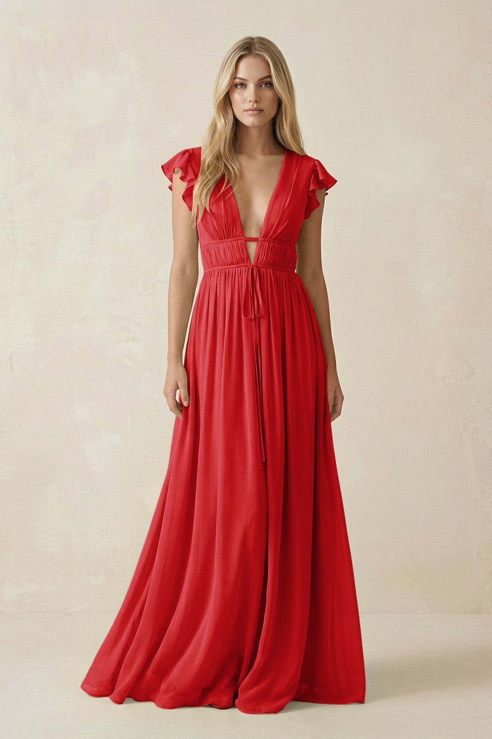 V-Neck A-Line Chiffon Cap Sleeves Bridesmaid Dress in Ruby Red