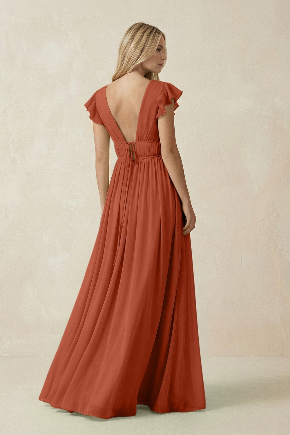 V-Neck A-Line Chiffon Cap Sleeves Bridesmaid Dress in Spice