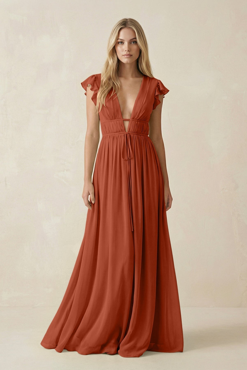 V-Neck A-Line Chiffon Cap Sleeves Bridesmaid Dress in Spice