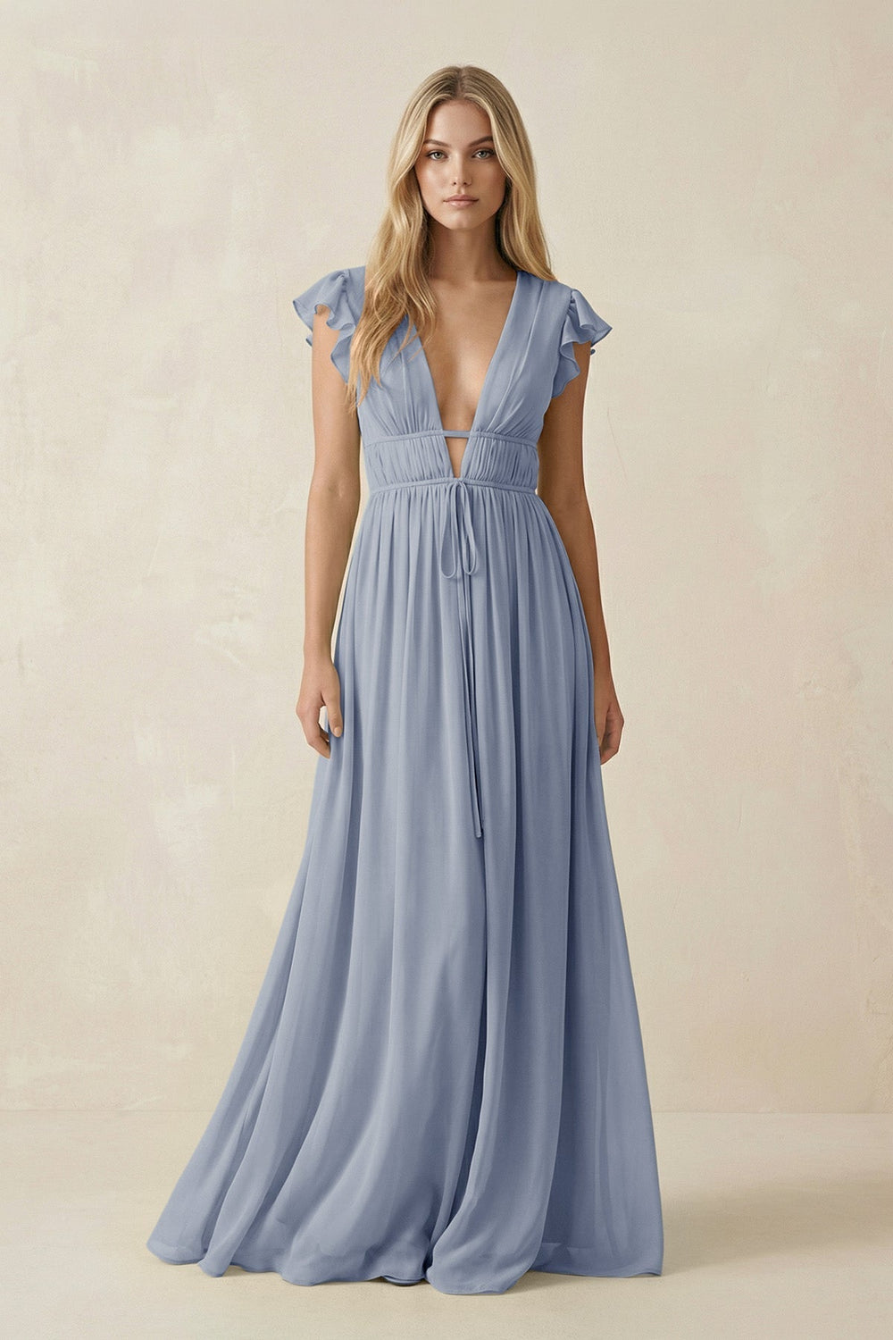 V-Neck A-Line Chiffon Cap Sleeves Bridesmaid Dress in Twilight