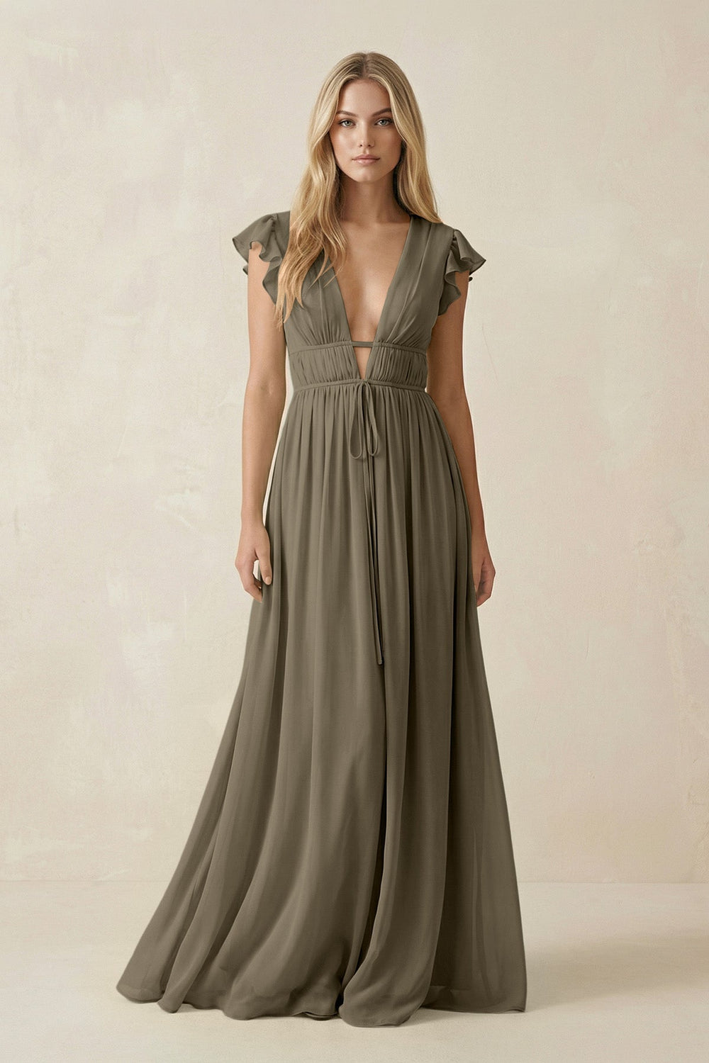 V-Neck A-Line Chiffon Cap Sleeves Bridesmaid Dress in Willow Green