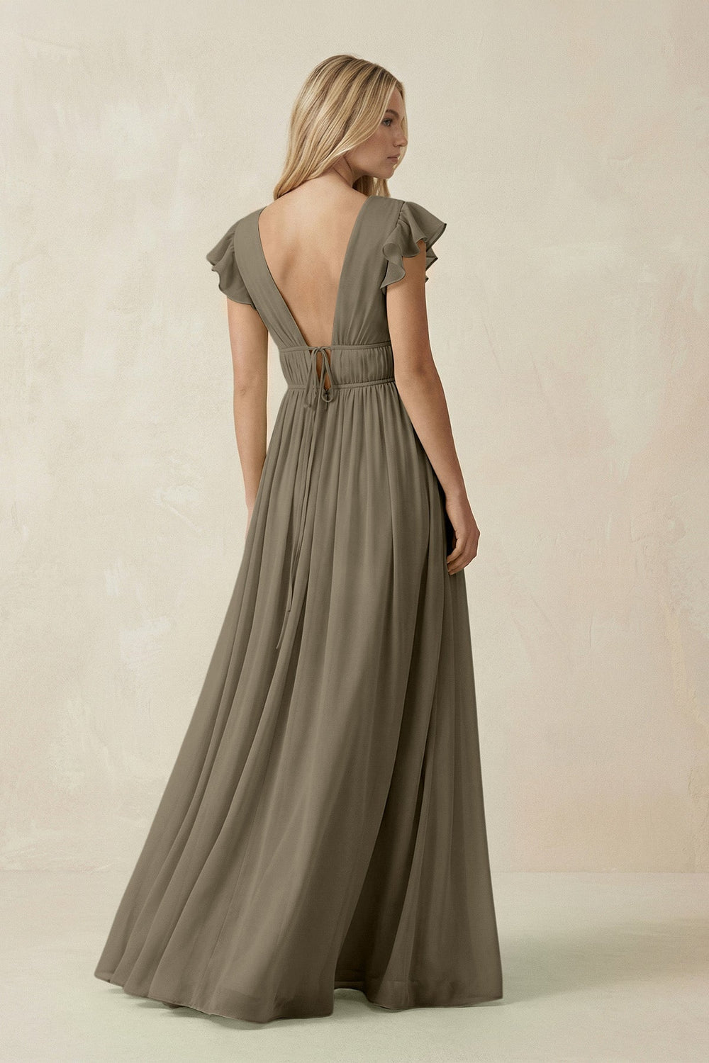 V-Neck A-Line Chiffon Cap Sleeves Bridesmaid Dress in Willow Green