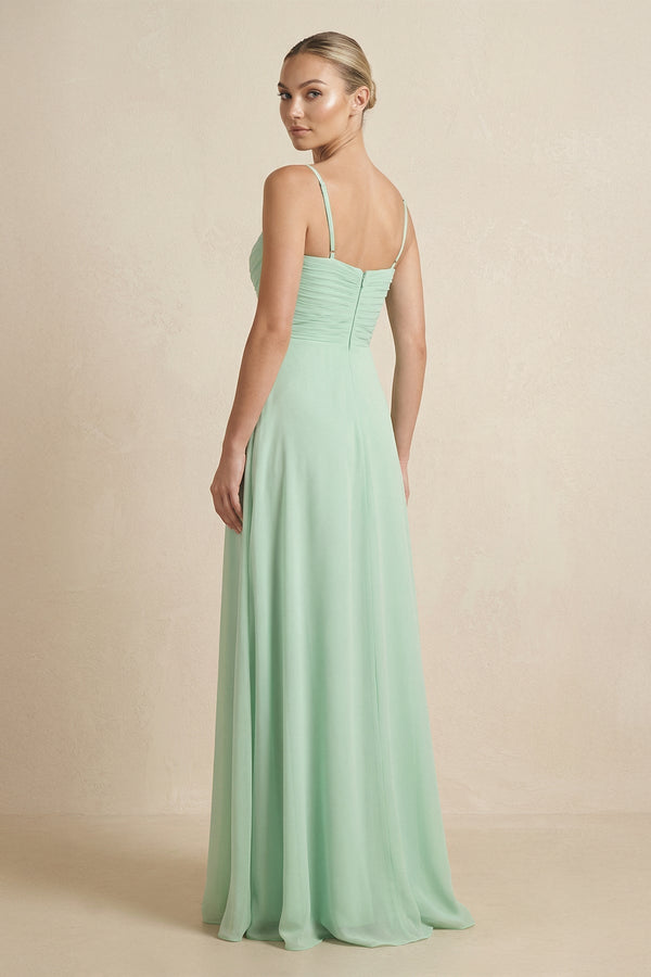 V-Neck A-Line Chiffon Pleated Bridesmaid Dress in Pale Pistachio - KISS BRIDAL BRIDESMAID DRESSES