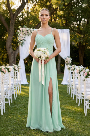 V-Neck A-Line Chiffon Pleated Bridesmaid Dress in Pale Pistachio - KISS BRIDAL BRIDESMAID DRESSES