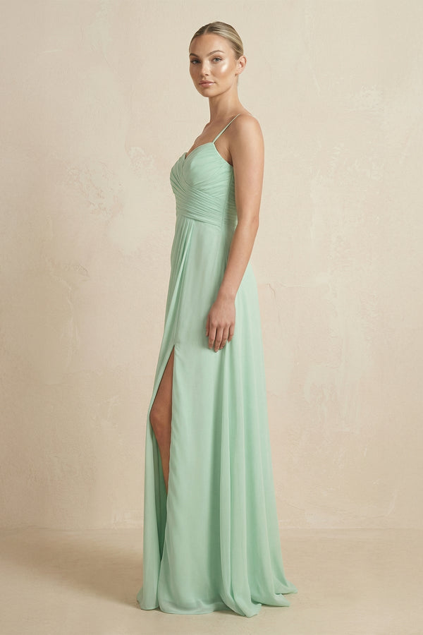 V-Neck A-Line Chiffon Pleated Bridesmaid Dress in Pale Pistachio - KISS BRIDAL BRIDESMAID DRESSES