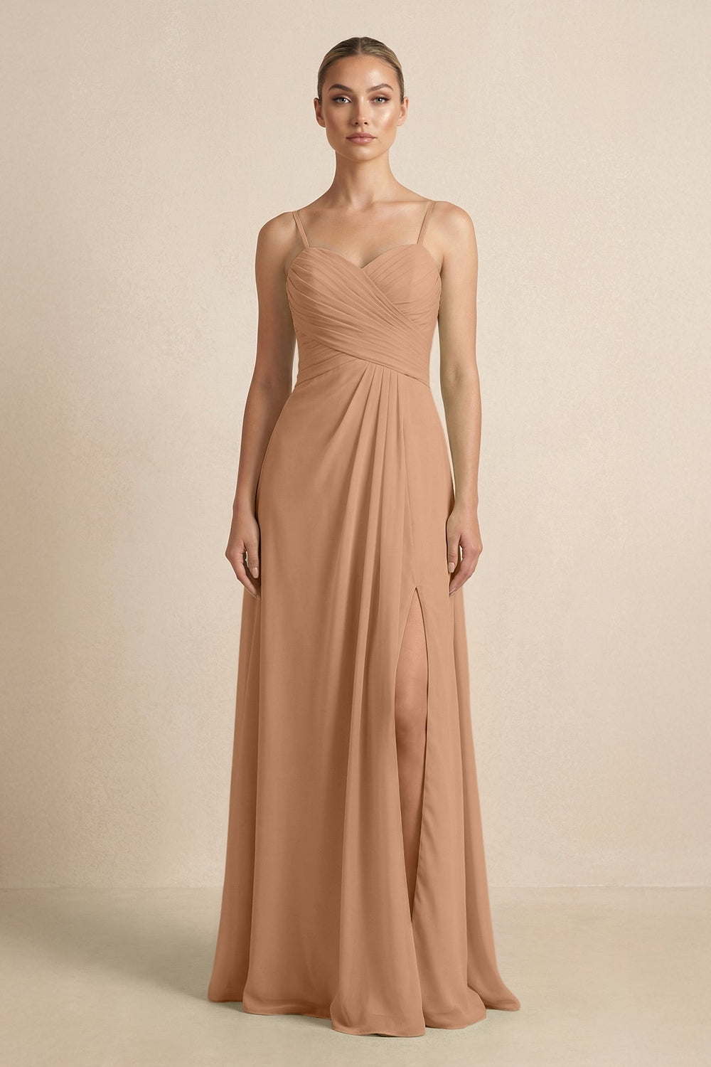 V-Neck A-Line Chiffon Pleated Bridesmaid Dress in Bronzer