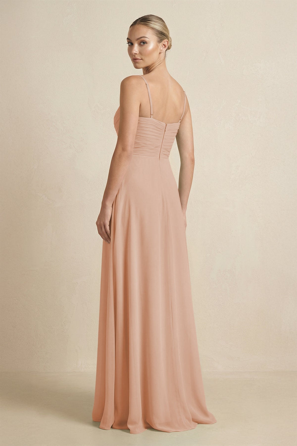 V-Neck A-Line Chiffon Pleated Bridesmaid Dress in Champagne Rose