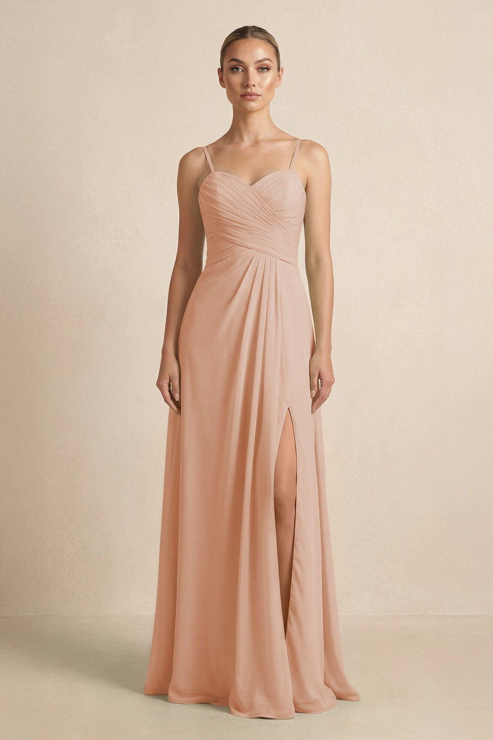 V-Neck A-Line Chiffon Pleated Bridesmaid Dress in Champagne Rose