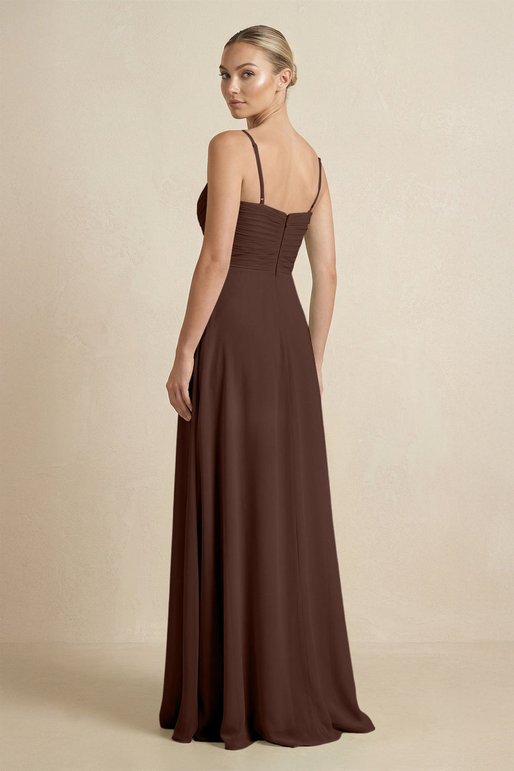 V-Neck A-Line Chiffon Pleated Bridesmaid Dress in Espresso