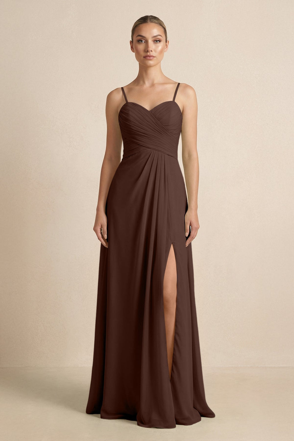 V-Neck A-Line Chiffon Pleated Bridesmaid Dress in Espresso