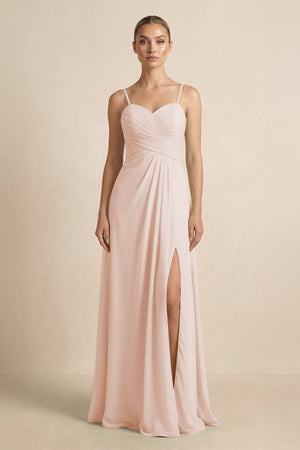 V - Neck A - Line Chiffon Pleated Bridesmaid Dress in Pale Blush - KISS BRIDAL Bridesmaid Dresses