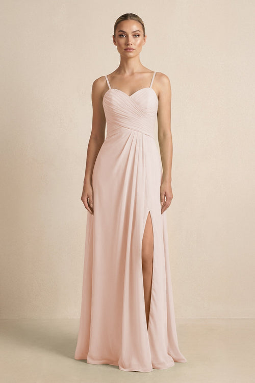 V - Neck A - Line Chiffon Pleated Bridesmaid Dress in Pale Blush - KISS BRIDAL Bridesmaid Dresses