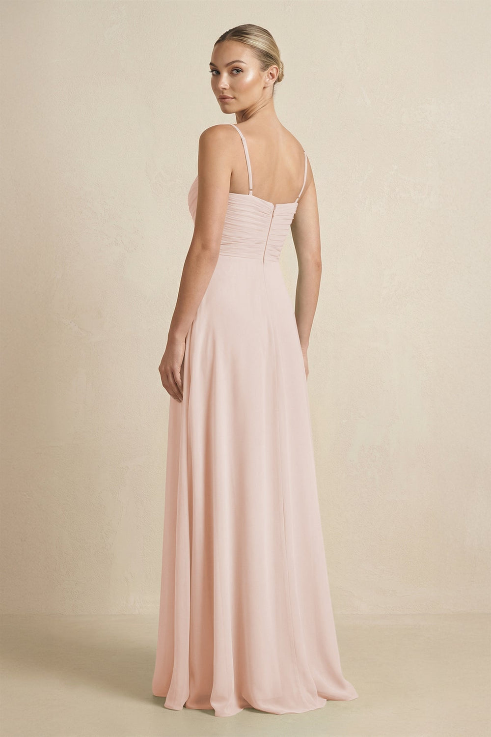 V-Neck A-Line Chiffon Pleated Bridesmaid Dress in Pale Blush