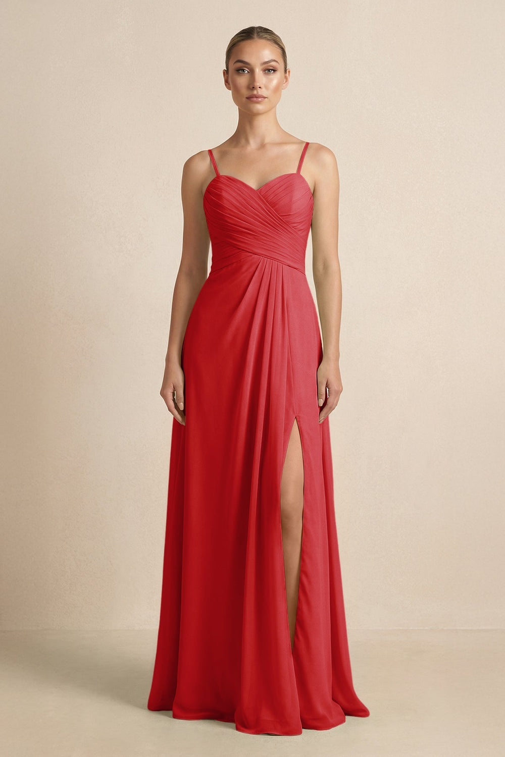 V-Neck A-Line Chiffon Pleated Bridesmaid Dress in Ruby Red