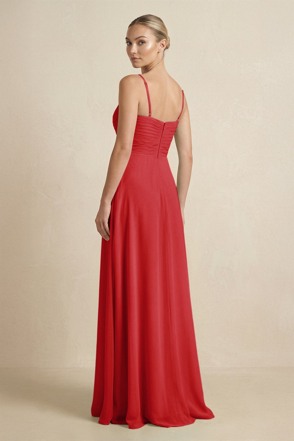V-Neck A-Line Chiffon Pleated Bridesmaid Dress in Ruby Red