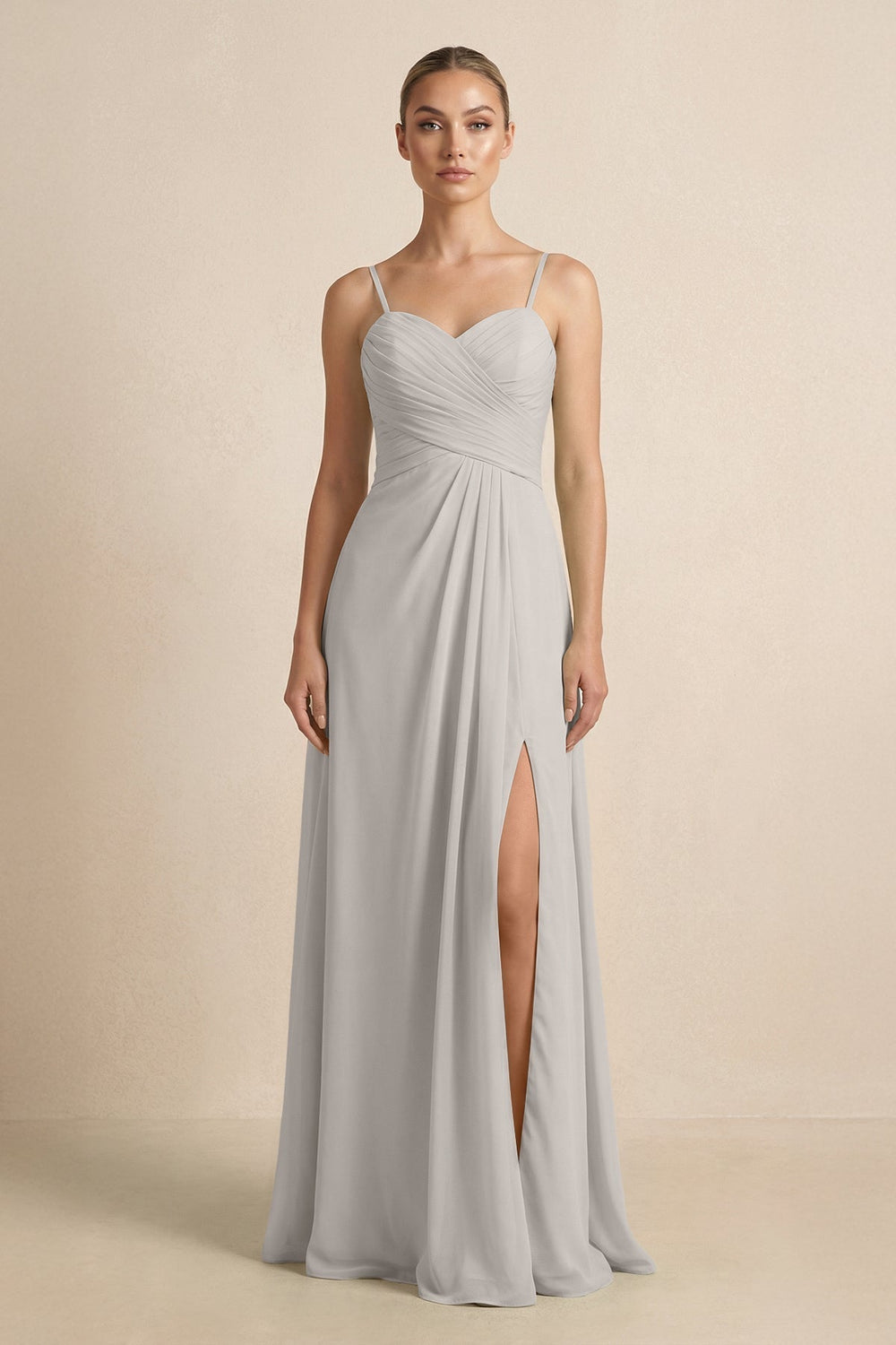 V-Neck A-Line Chiffon Pleated Bridesmaid Dress in Silver
