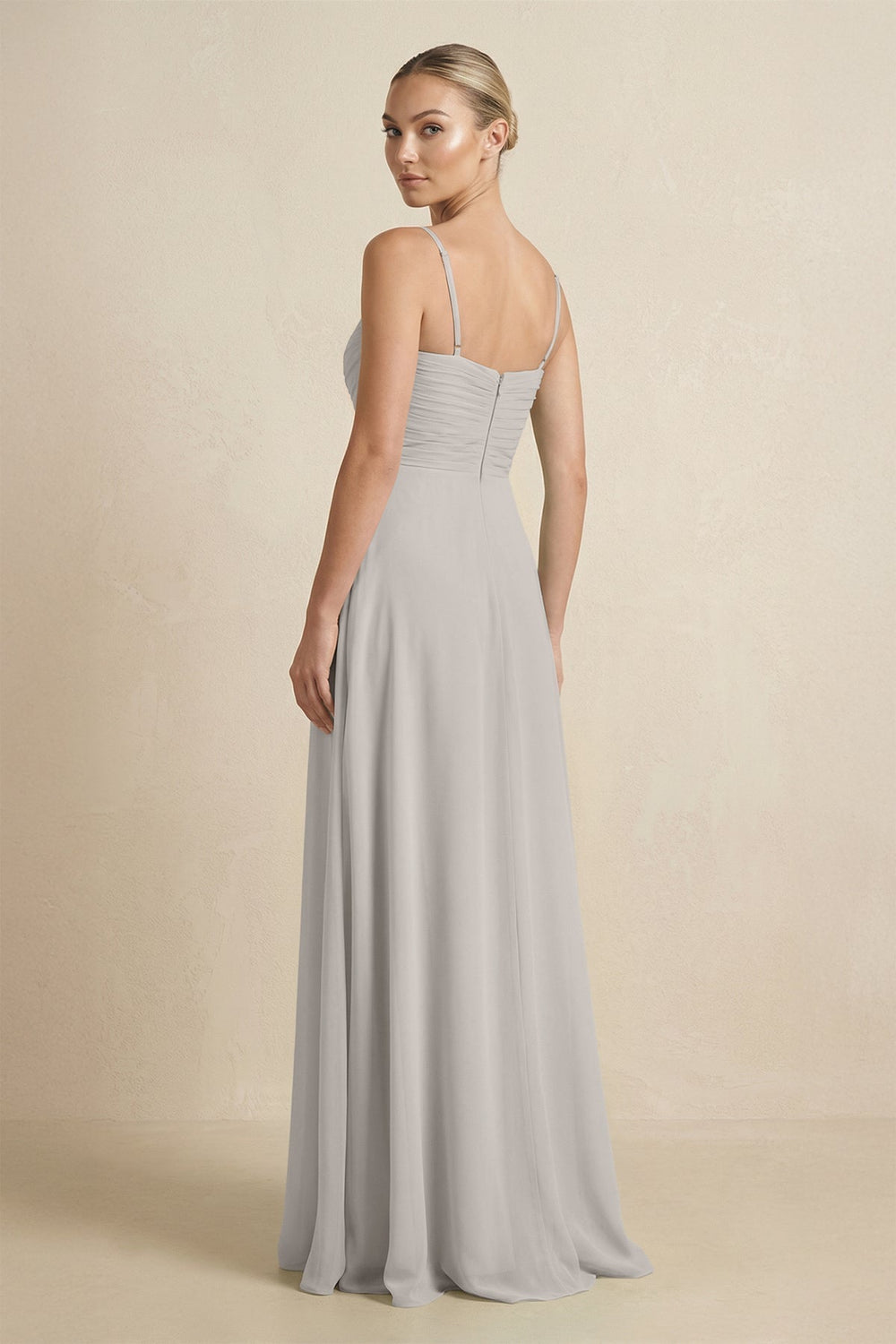 V-Neck A-Line Chiffon Pleated Bridesmaid Dress in Silver