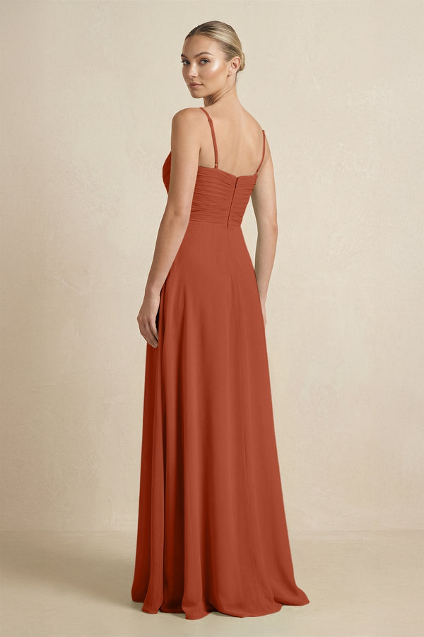 V - Neck A - Line Chiffon Pleated Bridesmaid Dress in Spice - KISS BRIDAL Bridesmaid Dresses