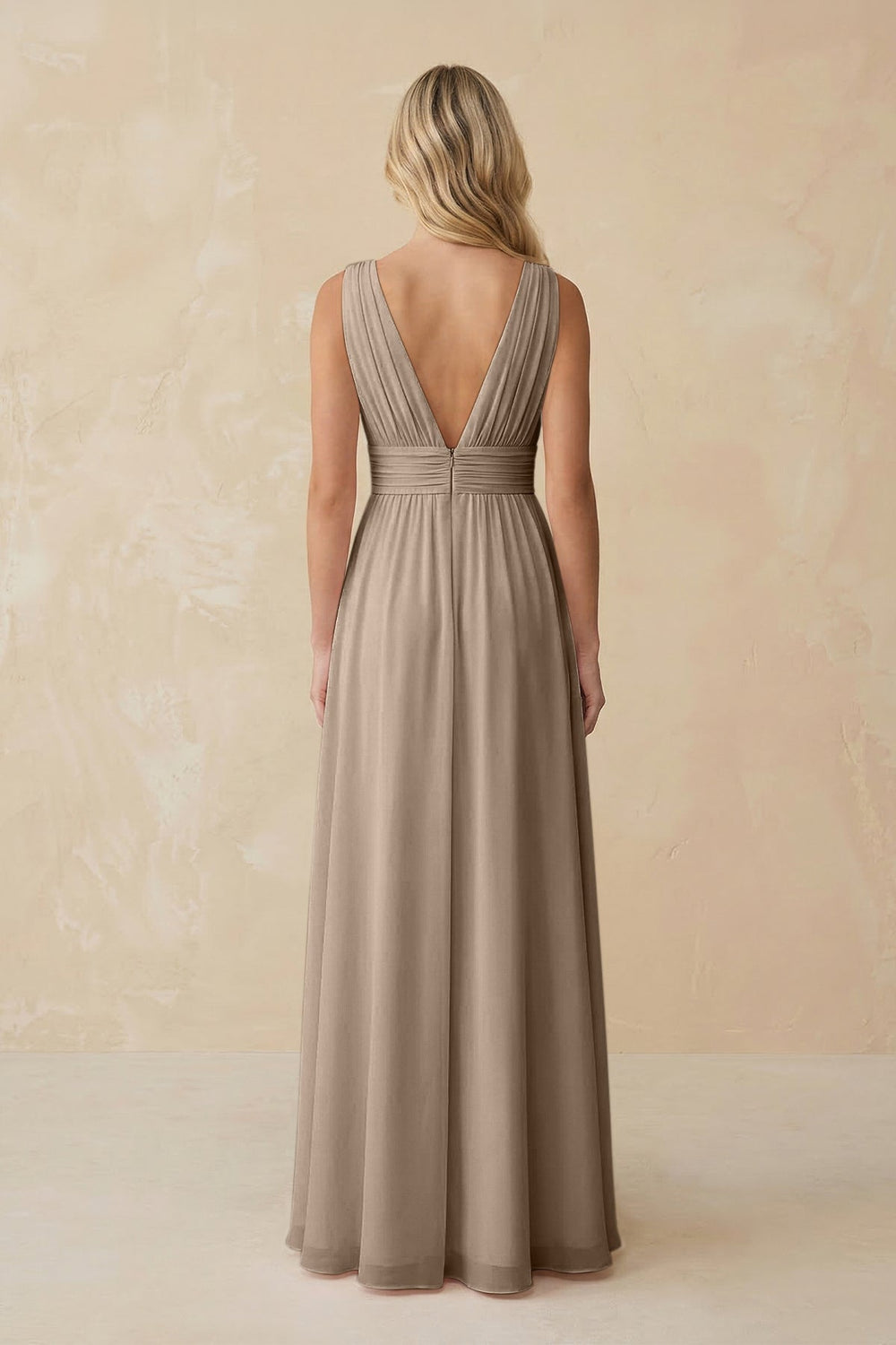 V-Neck A-Line Chiffon Ruched Bridesmaid Dress in Almond
