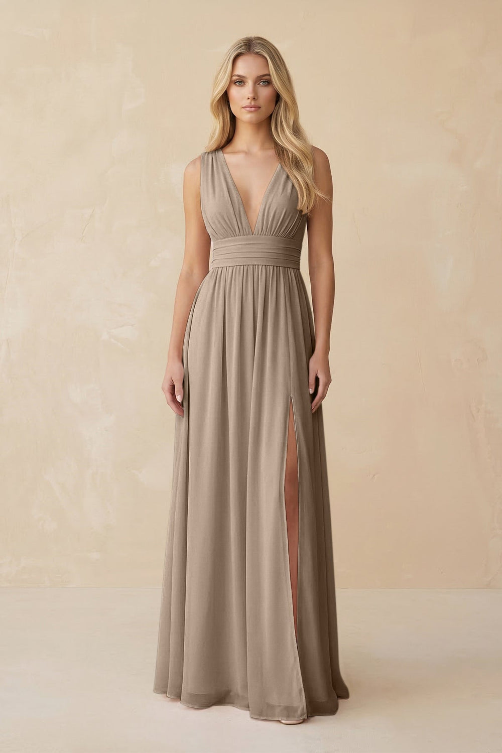 V-Neck A-Line Chiffon Ruched Bridesmaid Dress in Almond