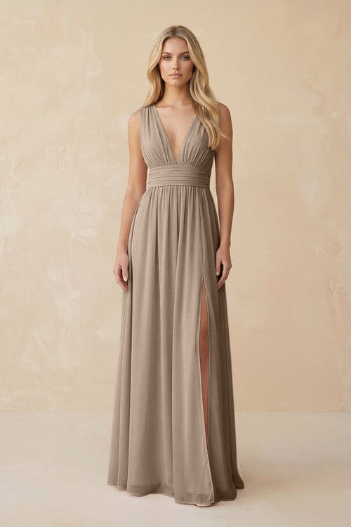 V-Neck A-Line Chiffon Ruched Bridesmaid Dress in Almond | KISSBRIDAL